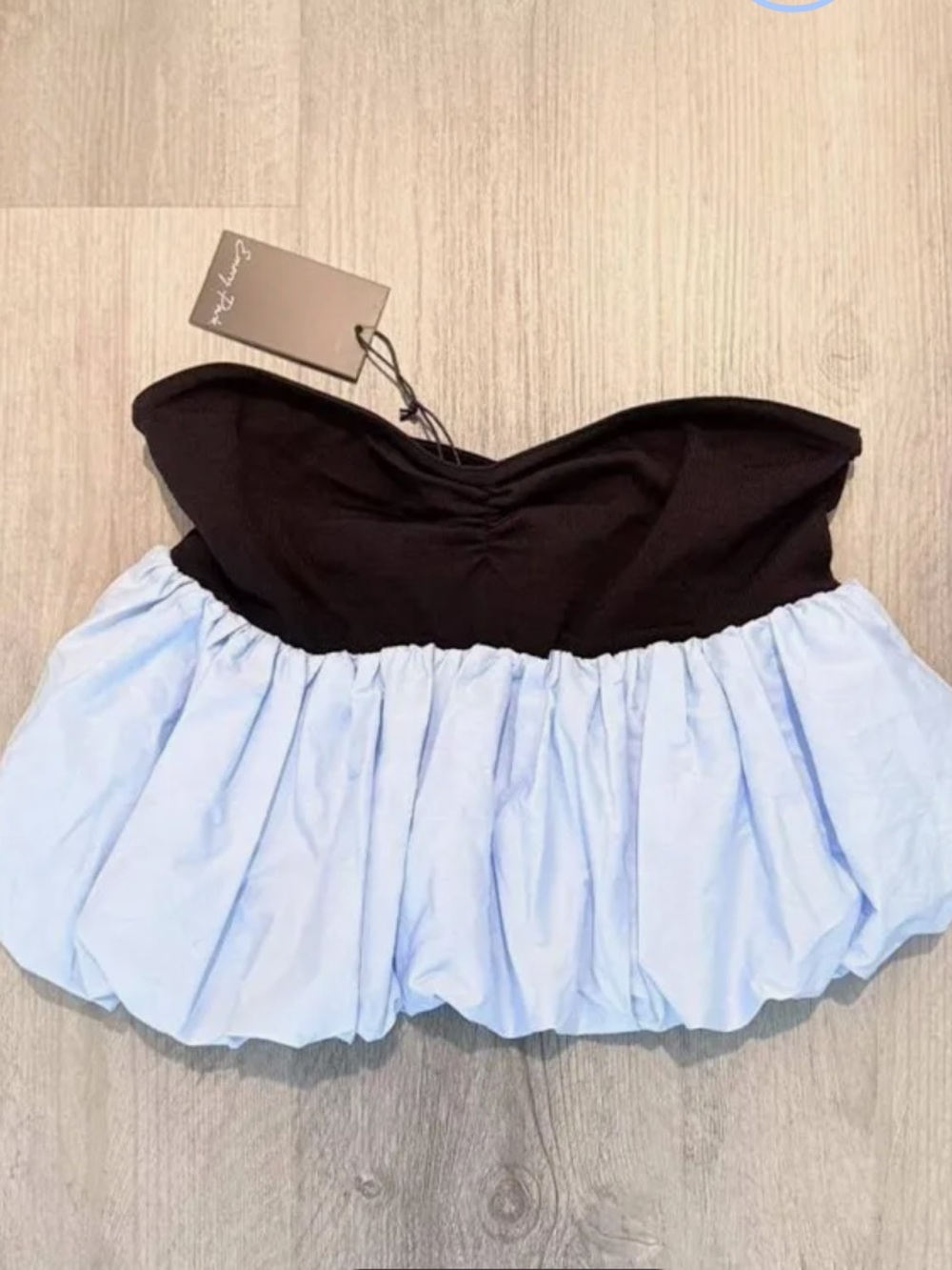 Emory Park Bubble Hem Tube Top in Black and Light Blue